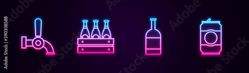Set line Beer tap, Pack of beer bottles, and can. Glowing neon icon. Vector.