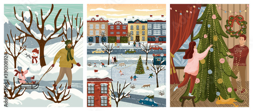 Winter and christmas season family holidays. Vector illustration of a family decorating christmas tree at home, father with child in winter park, new year city decoration. Kids on a ice skate rink