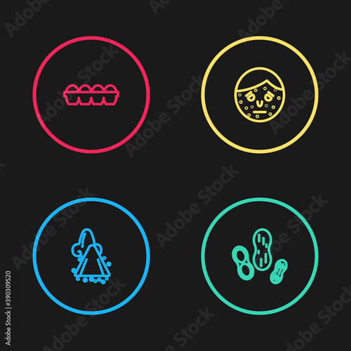Set line Runny nose, Peanut, Face with psoriasis or eczema and Chicken egg in box icon. Vector.