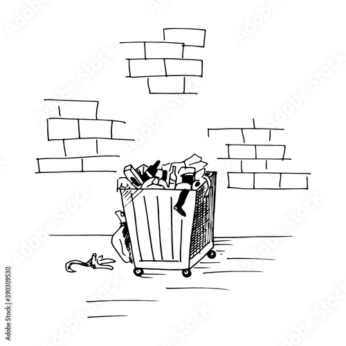 Dumpster standing at the wall. Hand-drawn trash can with garbage in sketch style. Vector illustration