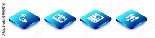 Set Isometric line Inhaler, First aid kit, Monitor with cardiogram and Wheat icon. Vector.