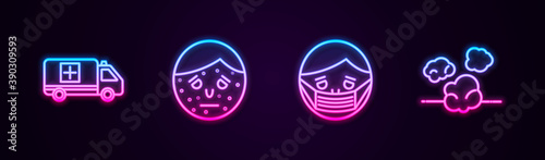 Set line Emergency car, Face with psoriasis or eczema, in protective mask and Dust. Glowing neon icon. Vector.