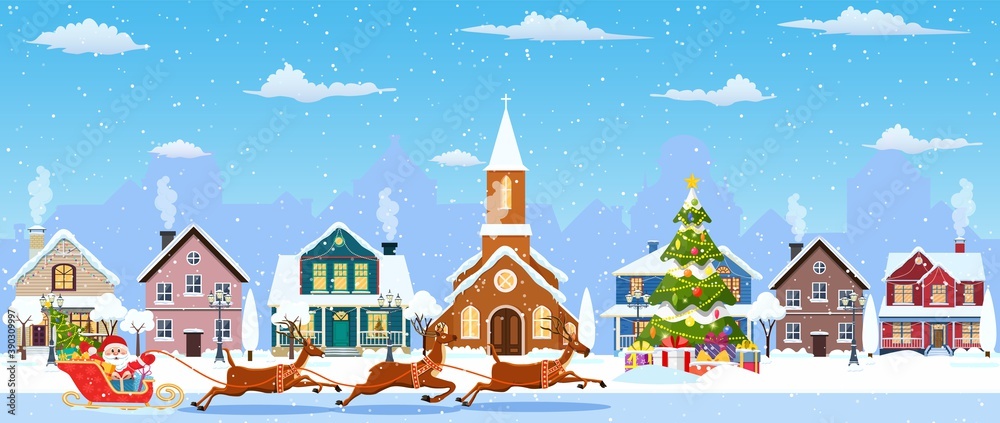 happy new year and merry Christmas winter old town street. christmas town city seamless border panorama. Santa Claus with deers. Vector illustration in flat style.