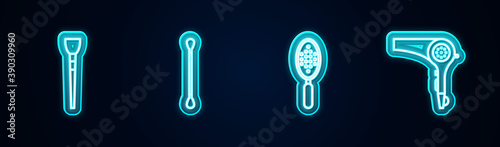 Set line Makeup brush, Cotton swab for ears, Hairbrush and dryer. Glowing neon icon. Vector.