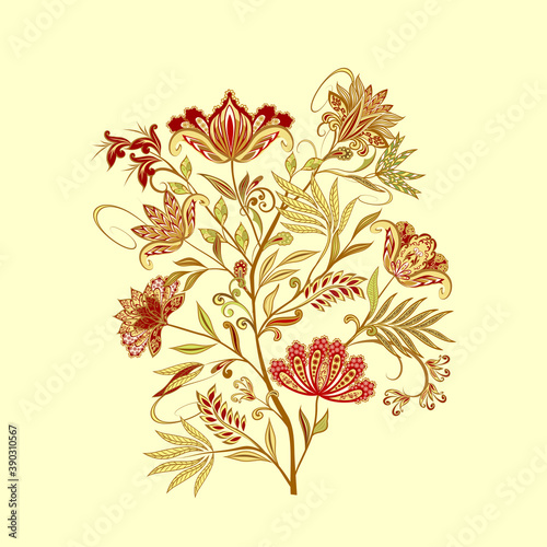Abstract vintage pattern with decorative flowers, leaves and Paisley pattern in Oriental style.
