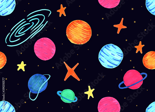 cute space with markers on a background of blue sky, children's drawing with markers, freehand abstract seamless pattern with live materials