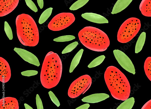 abstract halves of tropical fruit papaya with green leaves on a black background, freehand abstract seamless pattern with live materials
