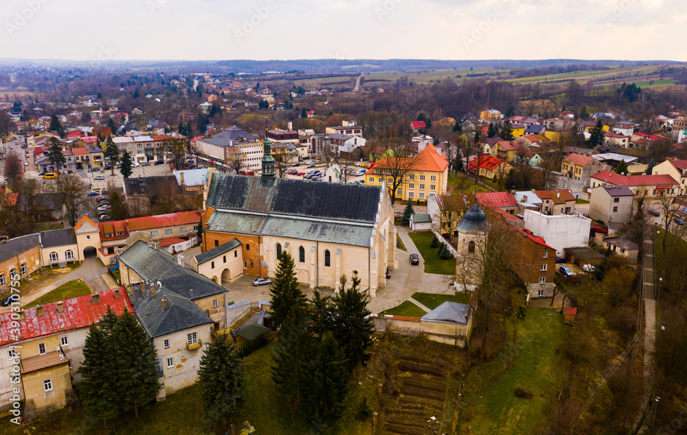 Aerial view of Krasnik town historical center with Cathedral and buildings, Poland
