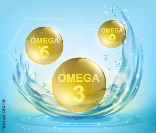 Yellow pills omega 3, omega 6 and omega 9 vitamins
