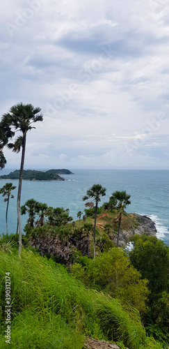 Beautiful Promthep cape with green grass field and palm or coconut trees with blue sky and white clouds background. Beauty in nature, Landmarks south of Thailand for tourists travel to visited.