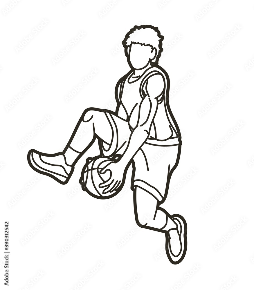 Basketball player action cartoon outline graphic vector