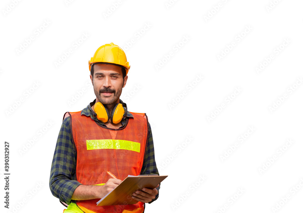 Factory worker man in hard hat holding clipboard checklist with clipping path on white background Factory worker man in hard hat holding clipboard checklist with clipping path on white background