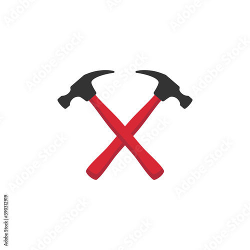 Red crossed carpenter hammers. Handyman, locksmith, joiner claw hammer tool for repair and maintenance