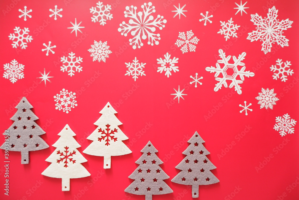 Christmas trees backgrounded crystal of snows. white Christmas flat layout. 雪の結晶を背景にしたクリスマスツリー、ホワイトクリスマス Christmas trees backgrounded crystal of snows. white Christmas flat layout. 雪の結晶を背景にしたクリスマスツリー、ホワイトクリスマス