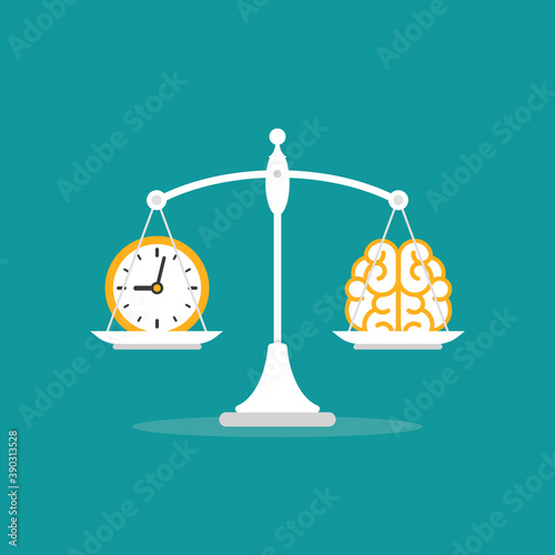 White mechanical scales with clock and brain in pans. Education value, study time expenses balance.