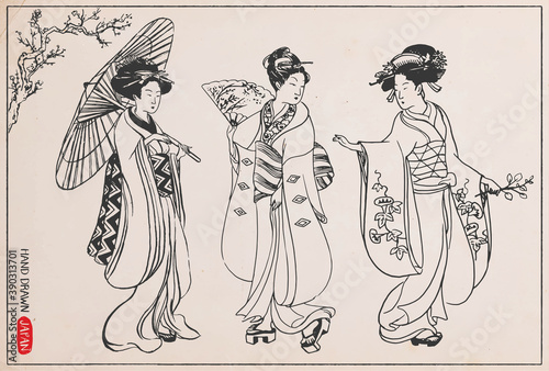 Set of Japanese women in kimono. Hand drawn vector illustration. 