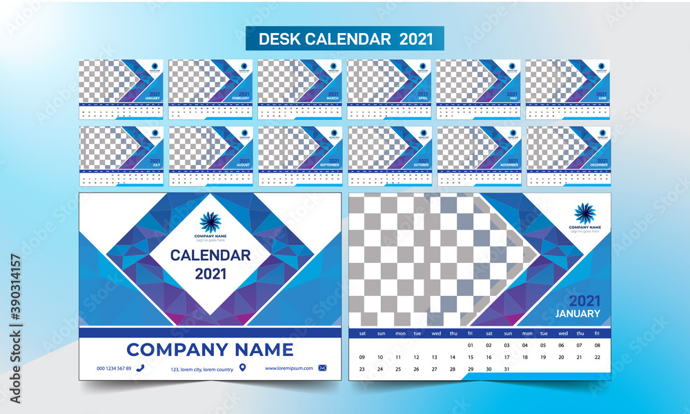 Desk calendar 2021, clean corporate calendar design template 