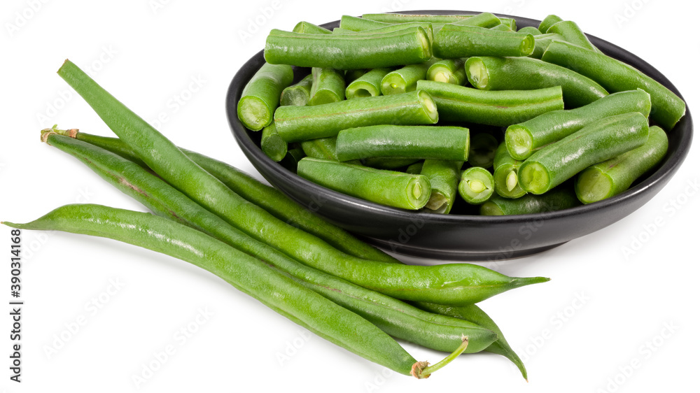 green beans in a black plate isolated on white background. Clipping path and full depth of field
