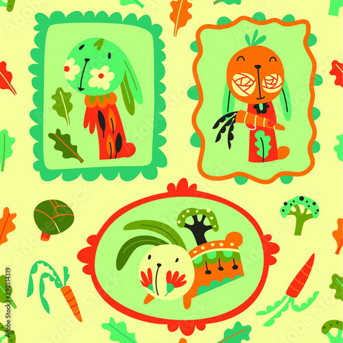 Vector cute bunnies in frames on the wall. Seamless vector pattern. Doodle illustration with animals  food  plants