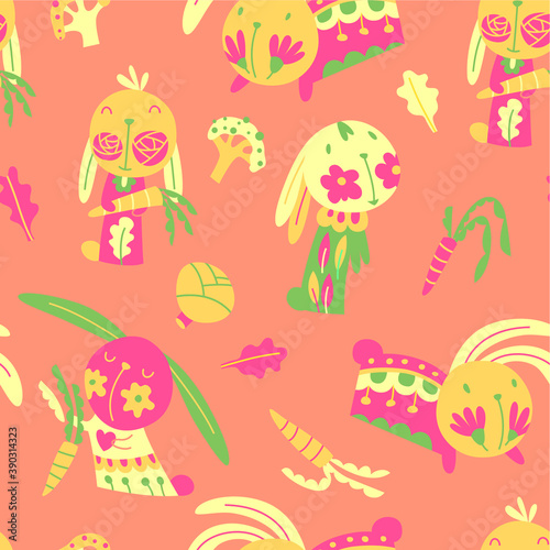 Cute bunnies with vegetables. Seamless pattern with pretty animals  carrots  broccoli and cabbage. Doodle vector illustration on red background