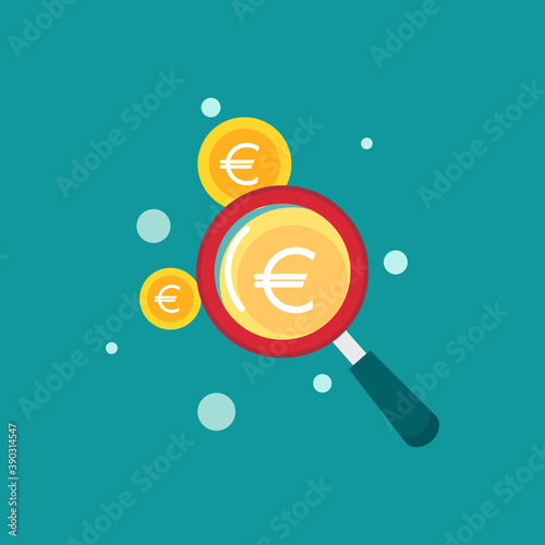 red magnifier glass with golden euro coins. Catch, hunt, chase money symbol.