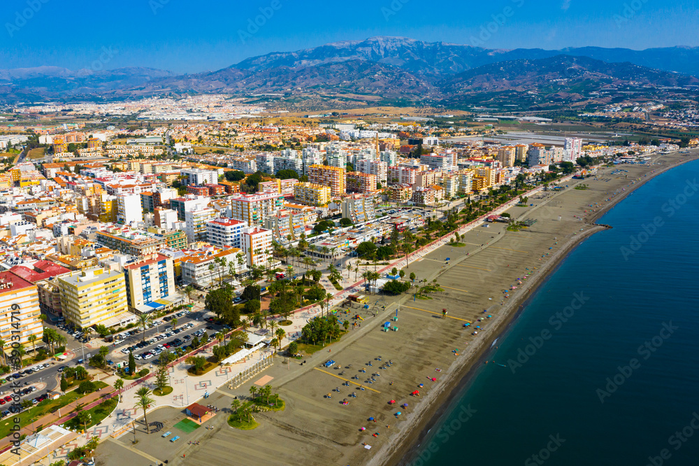 Panoramic aerial view of Torre del Mar by Mediterranean coast on sunny fall day, Axarquia, Spain