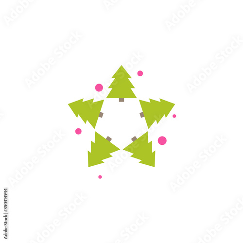 star made of Christmas green fir trees and pink balls. icon on white background.