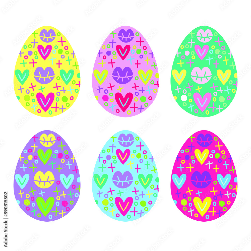 Set of painted Easter eggs. Bright colored eggs for decoration, design, background. Vector doodle illustration