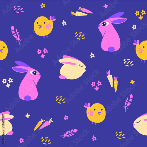 Seamless vector pattern with rabbits and birds on a purple background. Cartoon illustration for fabric, wrapping paper, wallpaper