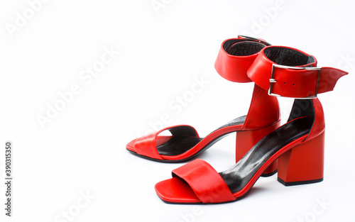 Red shoe for women. Beauty and fashion concept. Fashionable women shoes isolated on white background. Maroon high heel women shoes on white background. Stylish classic women leather shoe photo