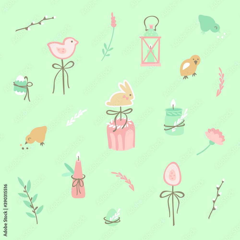 Vector Easter collection. Hand drawn illustration with Easter cake, candles, Easter eggs, Easter decorations, flowers and willow branches