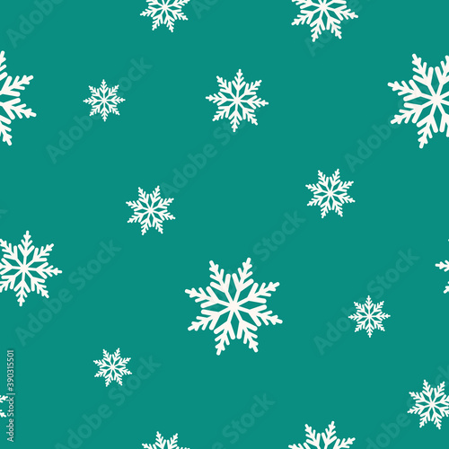 Winter seamless pattern with flat white snowflakes on aquamarine blue background