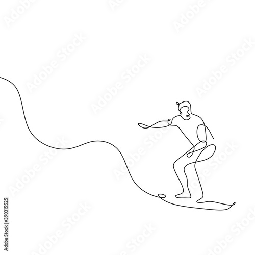 Single continuous one line art surfer vacation sea wave. Active sport summer holiday tropical luxury journey surfboard concept design sketch surfing outline drawing vector illustration.