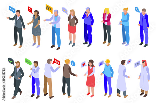 Discussion icons set. Isometric set of discussion vector icons for web design isolated on white background