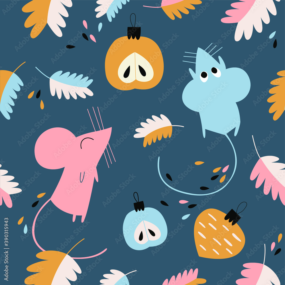 Fototapeta premium Seamless vector pattern with mice. Doodle illustration for Christmas. Christmas print with Christmas tree decorations in the form of food, fir branches and animals for wrapping paper, fabric, wallpape