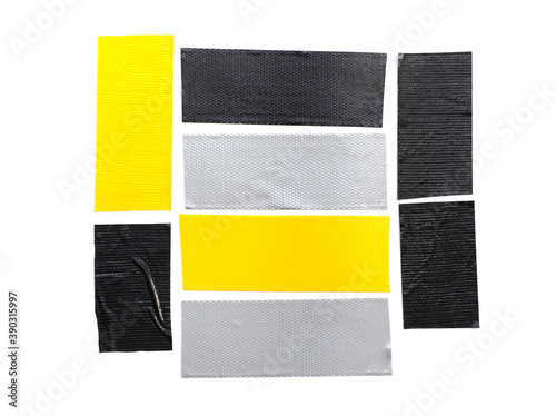 yellow,gray,black tapes isolated on white background. Torn horizontal and different size sticky tape, adhesive pieces. can use business-paperwork-banner products