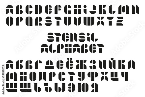  stencil alphabet. Latin and Cyrillic. Vector illustration