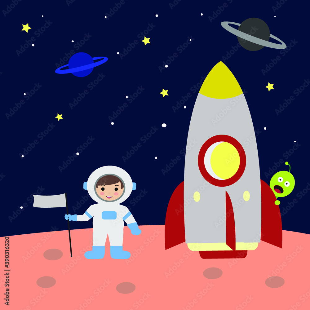 Astronaut And Alien In Space With Rocket Illustration Vector.