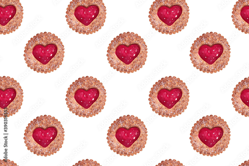 Seamless pattern with biscuits and heart shaped jam. Hand painted watercolor illustration on white background Seamless pattern with biscuits and heart shaped jam. Hand painted watercolor illustration on white background