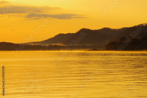薄いオレンジ色に染まる湖の風景。湖畔の森の影。屈斜路湖、北海道、日本。