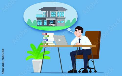 Businessman thinking or dreaming about buying a new. beautiful modern house. An employee have a goal to own a personal property and work for success. Vector illustration design.