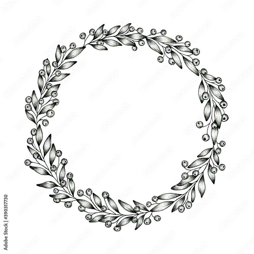 Vintage Christmas wreath isolated on white, black and white ink drawing of a berry wreath, hand drawn Christmas wreath illustration