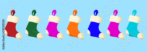 Christmas stocking set with gift place. Red, green, blue, pink, purple colors. Concept Happy New Year. Isolated on white background. Flat vector illustration. Hanging decoration for fireplace.