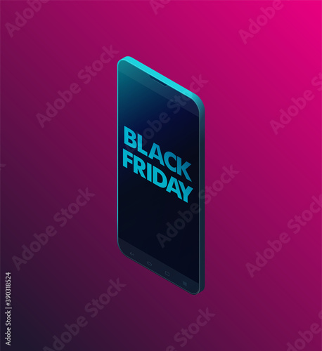 Black Friday Sale vector illustration on purple background. Design elements for promotional marketing banners, posters, cards. Phone on mega sales day. Alert on smartphone screen