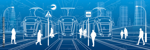 Electric transport illustration. City scene, people walk down the street, passengers leave tram, night city, Illuminated highway. Outline vector infrastructure image