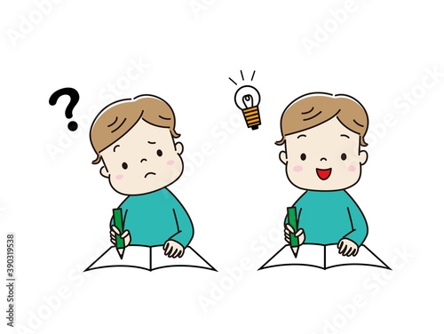 勉強している子供　難しくて考えている子と答えがわかって笑顔の子