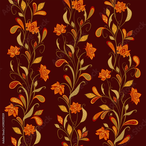 Abstract vintage pattern with decorative flowers, leaves and Paisley pattern in Oriental style.