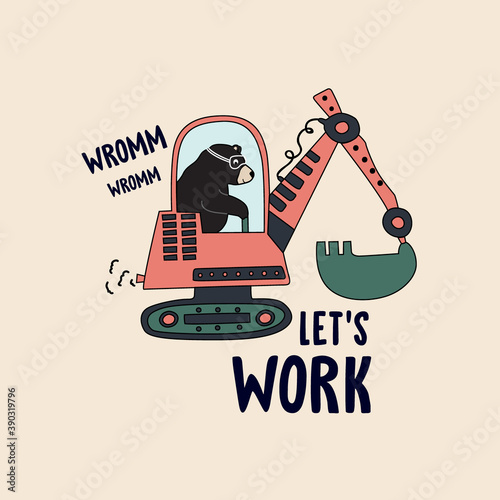 tractor bear text line work dig drive animal road young tee illustration art vector