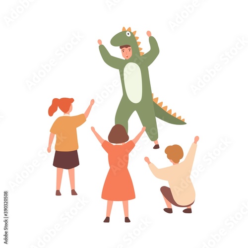 Performance for children with actor wearing cute dinosaur costume. Group of kids playing with animator. Flat vector cartoon illustration isolated on white background