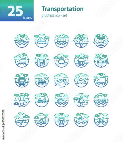 Transportation gradient icon set. Vector and Illustration.